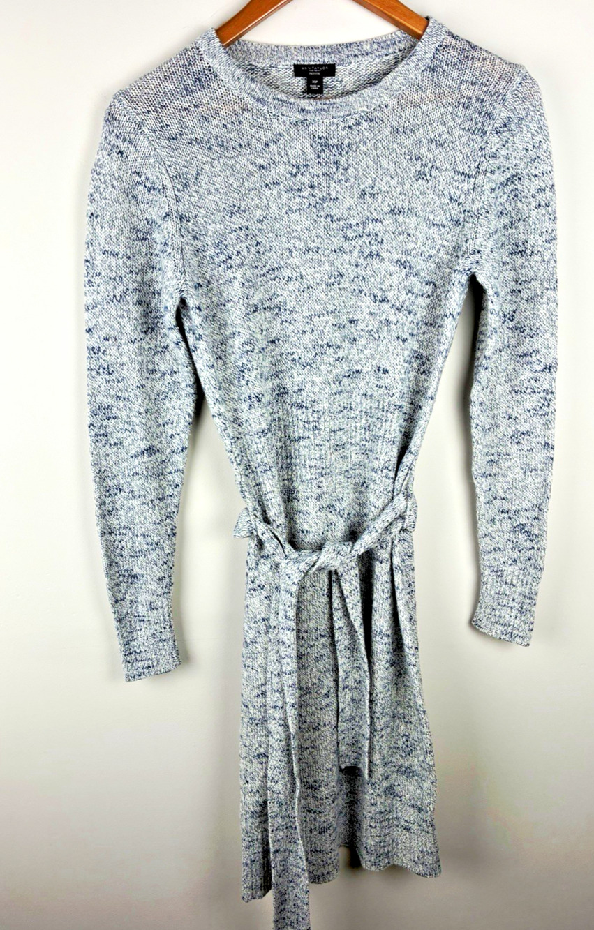 Ann Taylor Factory Petite XSP Blue Marled Knit Sweater Dress Belted Fall Cozy